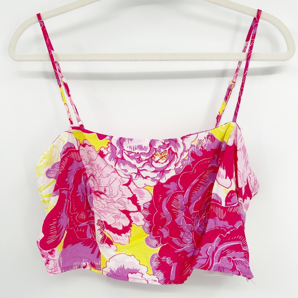 SOMETHING NEW Womens Tropical Floral Print‎ Resortwear Crop Cami Top Size L Pink